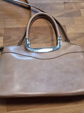 Structured ITALIAN Leather Nude/Tan Satchel with Silver Accent Hardware